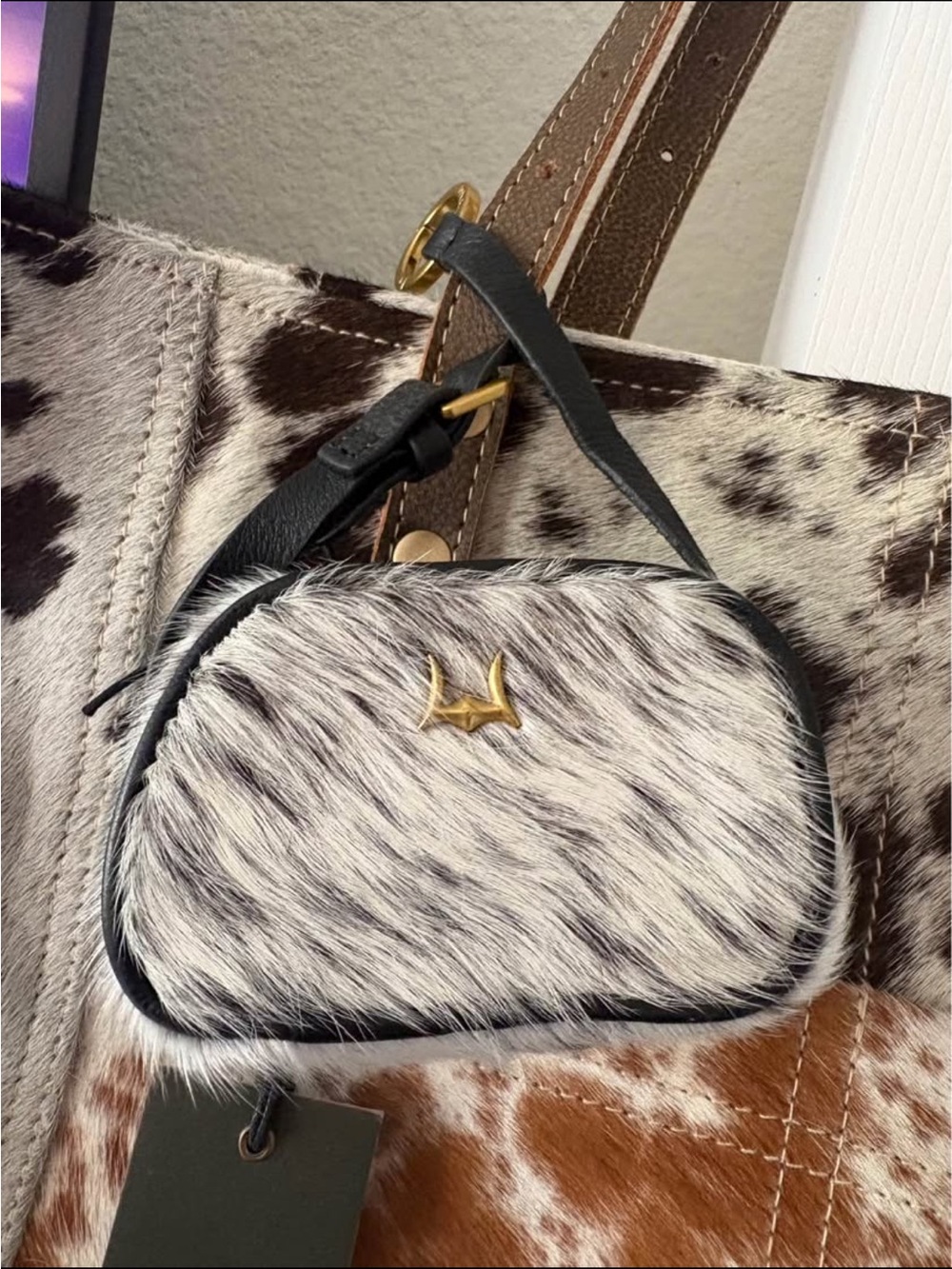 Myra Bag Cowhide Patchwork Tote in Brown, White & Tan - Picture 2 of 4